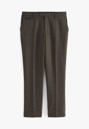 Brown wool trousers with a subtle checked pattern, featuring side pockets and a contrasting blue accent near the waistband.