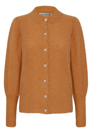 Cardigan arancio in maglia morbida con colletto tondo, sette bottoni decorativi e maniche lunghe a sbuffo. Presenta una vestibilità rilassata e polsini a costine.