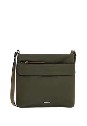 Olivengrøn crossbody taske med frontlomme med lynlås og en slank skulderrem i matchende farve.