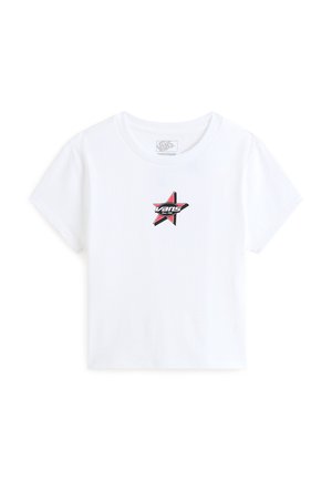 Weißes, kurz geschnittenes T-Shirt aus Baumwolle, mit einem schwarzen und roten Stern-Logo auf der Vorderseite. Klassischer Rundhalsausschnitt und kurze Ärmel.