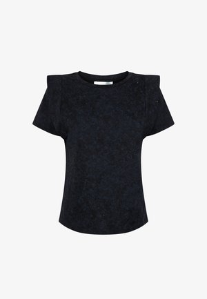 Zwarte korte mouw top gemaakt van gestructureerde stof met een subtiel patroon en schouderaccenten voor extra dimensie.
