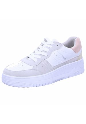 White sneaker with gray suede accents, textured sole, perforated toe box, and white laces. Features a subtle pastel pink heel tab.
