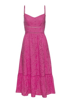 Rosa Kleid mit bestickten Blumenmustern, ärmelloses Design, Knopfdetails am Oberteil und einem ausgestellten, gestuften Rock.