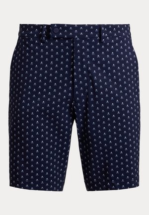 Tengerészkék rövidnadrág apró, fehér koponyás és keresztcsont mintával, övbújtatókkal és gombos derékzárral.