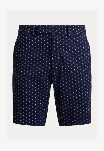 Tmavě modré šortky s celoplošným vzorem malých bílých lebek a zkřížených kostí, poutky na pásek a zapínáním na knoflík v pase.