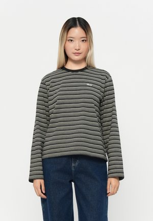 Schwarz-weiß gestreiftes Langarmshirt mit rundem Halsausschnitt und subtiler Markenkennzeichnung auf der Brust. Weicher Stoff, lockerer Schnitt.