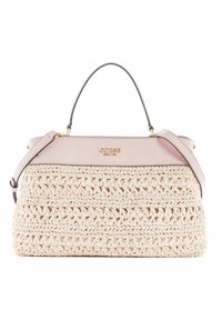 Tkaná slámová taška ve světle béžové barvě s hladkým růžovým koženým vrškem. Obsahuje dvojité madlo a nastavitelného popruhu, se zlatým logem.