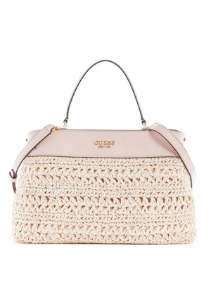 Geweven strohandtas in licht beige met een gladde roze leren bovenkant. Beschikt over dubbele handvaten en een verstelbare schouderriem, met een gouden logodetail.