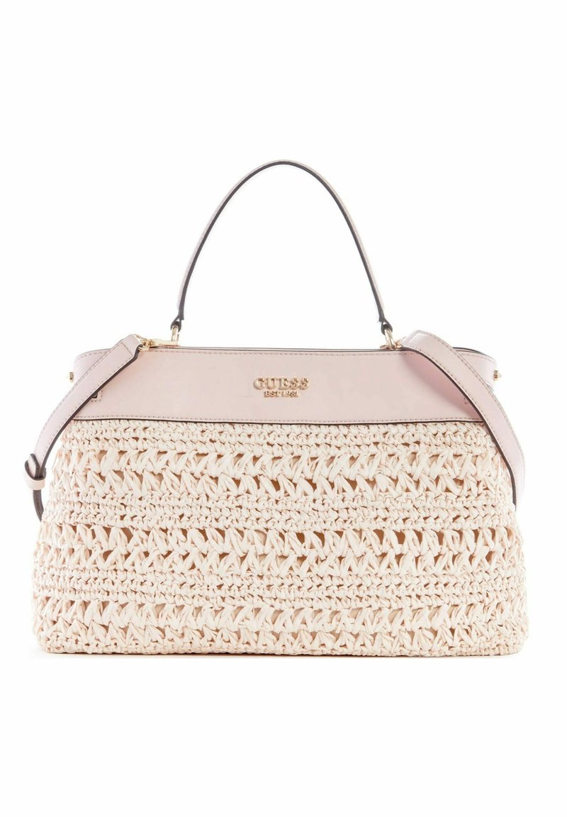 Tkaná slámová taška ve světle béžové barvě s hladkým růžovým koženým vrškem. Obsahuje dvojité madlo a nastavitelného popruhu, se zlatým logem.