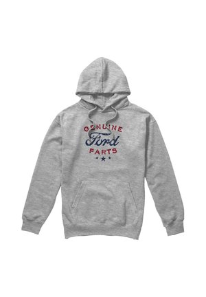 Gray hooded sweatshirt with front pocket and red and blue text reading "Genuine Ford Parts" and three stars below the text.