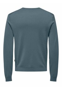Maglione a maniche lunghe in teal scuro, realizzato in tessuto a maglia liscia. Presenta un collo a giro e polsini e orlo a coste. Senza motivi o accenti.