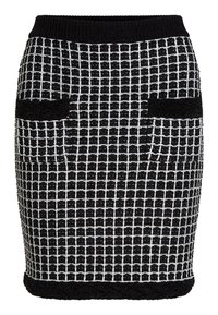 Fustă tip creion tricotată în model tartan alb-negru, având două buzunare negre, talie elastică și material texturat.