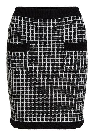 Knit pencilio sijonas juodai baltu languotu raštu, su dviem juodais kišenėmis, elastinga juosmens juosta ir tekstūruotu audiniu.