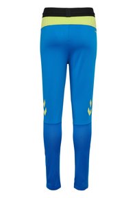 Blauwe sportlegging met een gestructureerde netpaneel en gele accenten op de tailleband en zijkanten. Heeft een aansluitend ontwerp voor sportkleding.