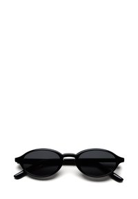 Černé sluneční brýle s oválnými skly, tenký lesklý černý plastový rám a charakteristicky špičaté bočnice. Bez viditelných označení či vzorů.