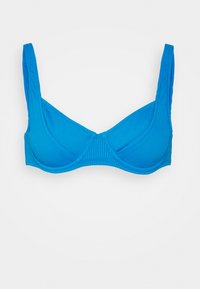 Sutiã azul com aros, de tecido riscado e com alças largas ajustáveis. Apresenta um molde clássico de copo triangular e detalhes de costura subtis.