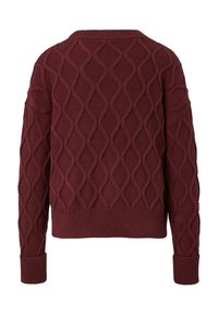 Burgundowy sweter dzianinowy z teksturowanym wzorem diamentowym, prążkowanym kołnierzem i mankietami oraz krótką długością. Widok z tyłu.