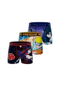 Trois paires de boxers en coton avec des ceintures élastiques, ornés de motifs graphiques colorés sur le thème de Naruto. Divers personnages et motifs.