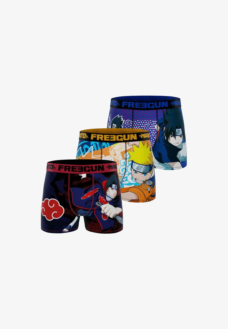 Trois paires de boxers en coton avec des ceintures élastiques, ornés de motifs graphiques colorés sur le thème de Naruto. Divers personnages et motifs.
