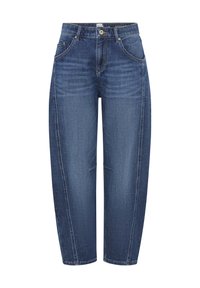 Mørkeblå denim jeans med løs pasform, høj talje, fem lommer og diskret whiskering-detalje på forsiden.