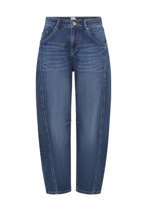 Dunkelblaue Jeans aus Denim mit weiter Passform, hoher Taille, fünf Taschen und dezenten Whiskering-Details auf der Vorderseite.