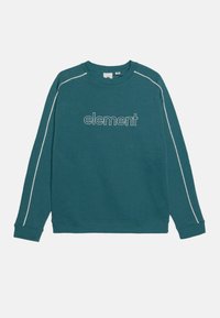Teal színű pulóver, körkivágással, fehér díszvarrás a vállakon, és fehér "element" logóval az elején. Pamut keverékből készült.