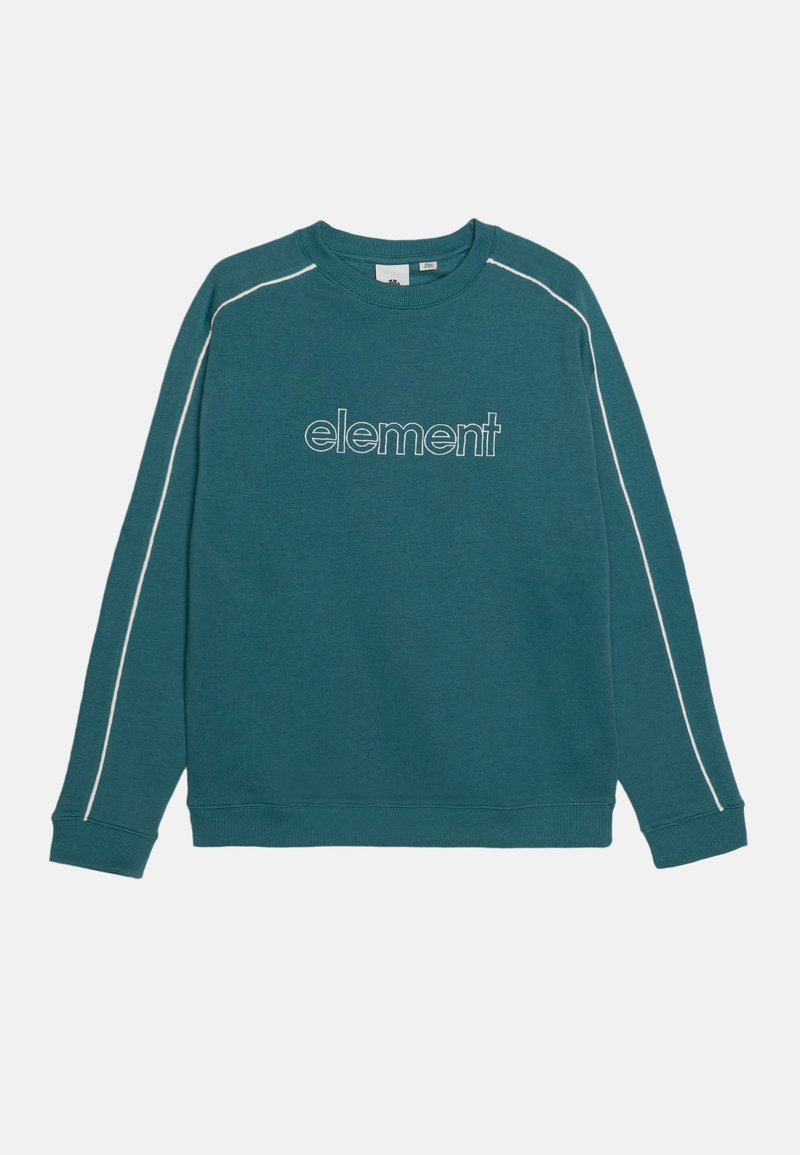 Teal színű pulóver, körkivágással, fehér díszvarrás a vállakon, és fehér "element" logóval az elején. Pamut keverékből készült.