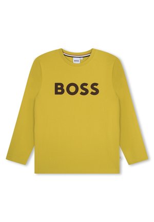 Gul langærmet skjorte med rund hals, med fed sort "BOSS" tekst trykt i fronten midt på.