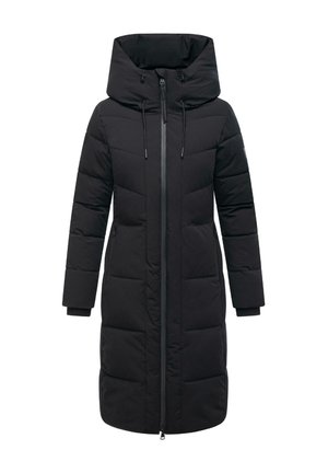 Cappotto puffy nero lungo con colletto alto, chiusura con zip, cappuccio regolabile con cordoncino e motivo trapuntato orizzontale.