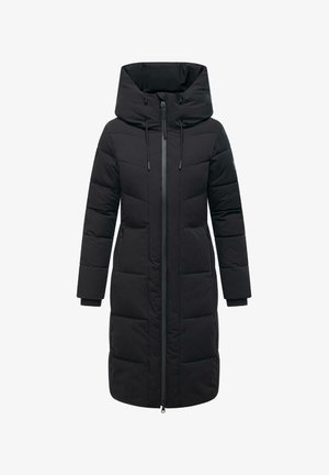 Manteau rembourré noir long avec col haut, fermeture éclair, capuche réglable à cordon de serrage et motif matelassé horizontal.