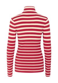 Rdeča in smetanasta prosojna dolga majica s turtleneck ovratnikom; pletenina z oprijeto silhueto in visokim ovratnikom.