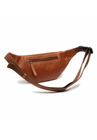 Marsupio in pelle marrone dalla forma rettangolare, con tasca frontale con cerniera, tracolla regolabile e texture liscia.