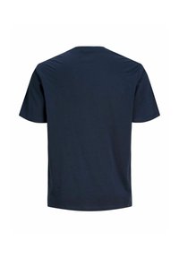 T-shirt uni bleu foncé à manches courtes vu de dos sur fond blanc, sans logos ni motifs visibles.