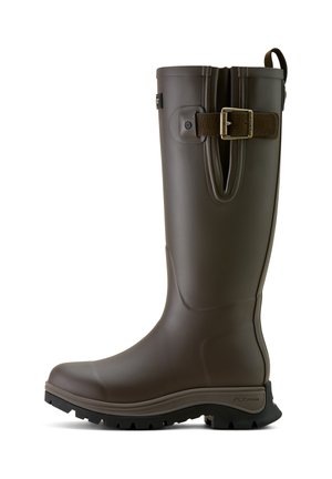 Brown waterproof rubber boot with a textured surface, buckle accent, and thick textured sole for grip. Structured design, knee-high.