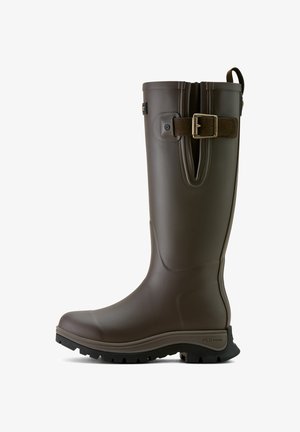 Brauner wasserdichter Gummistiefel mit strukturierter Oberfläche, Schnallenakzent und dicker strukturierten Sohle für besseren Halt. Strukturiertes Design, bis zum Knie.