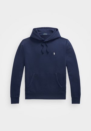 Sudadera azul marino de algodón suave, con un bolsillo frontal tipo canguro, capucha con cordón y un pequeño logotipo bordado en el pecho.