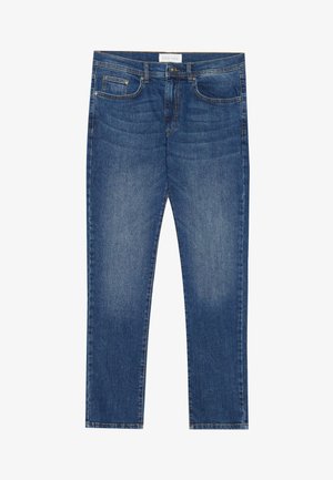 Men's blue denim jeans with a straight cut, five pockets, slight fading detail, and a standard button and zipper closure.