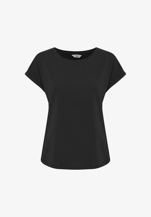 Sort kortærmet T-shirt til kvinder med rund halsudskæring og opbukket kant, vist på en hvid baggrund.