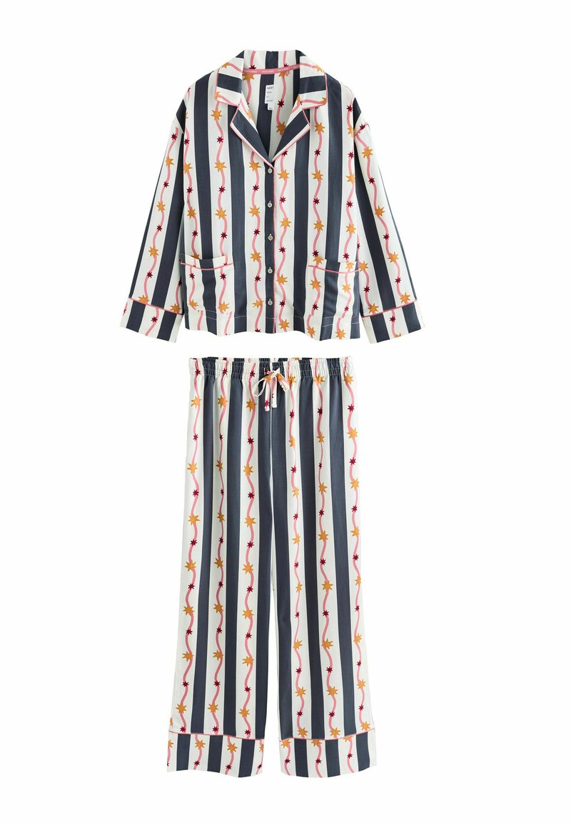 Baumwoll-Schlafanzugset mit einem langärmeligen Hemd mit Knopfleiste und einer Hose. Gemustert mit vertikalen Streifen und Sonnenmotiven in Gelb und Rot.