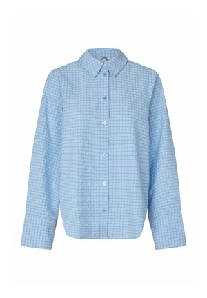 Hele sinise tooniga pikkade varrukatega särk, millel on kraega kaelus ja õhuke tumesinine ruuduline muster.