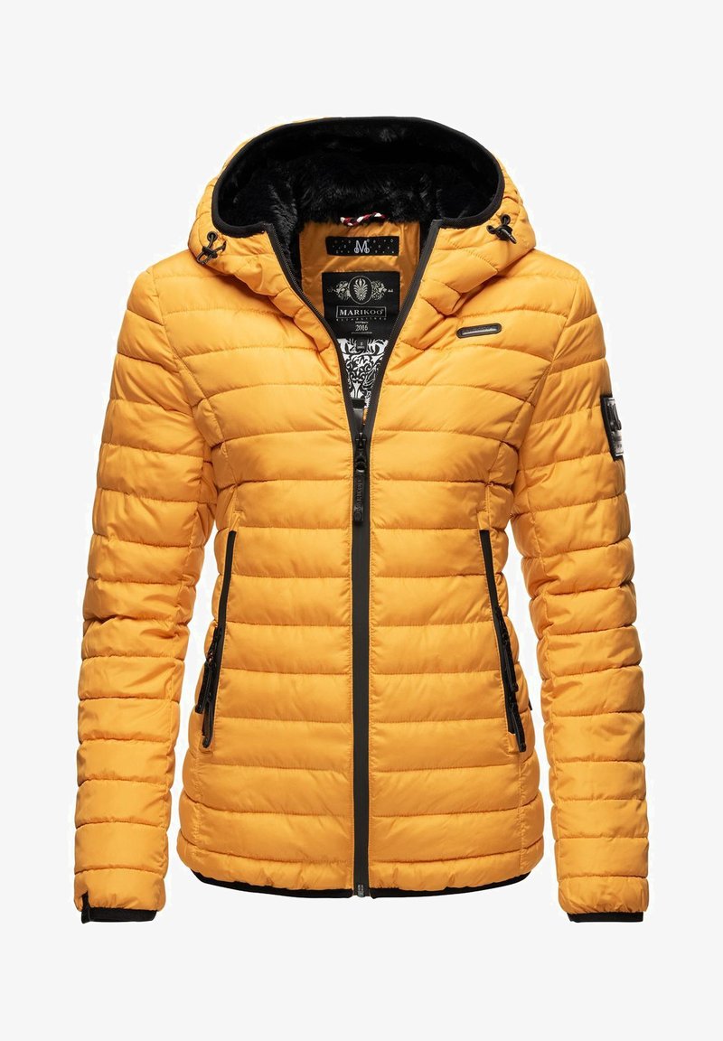 Yellow puffer jacket with a zip front, textured quilted pattern, black accents, and a hood. Features side pockets and a soft inner lining.