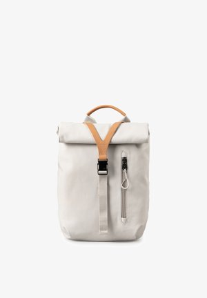 Light beige roll-top backpack with tan leather strap, front vertical zipper pocket, and black plastic buckle closure.