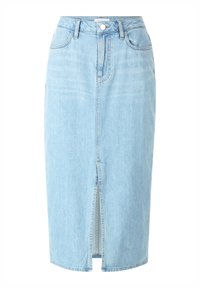 Gonna midi in denim blu chiaro con una fessura frontale, cinque tasche, passanti per cintura e chiusura a bottone. Presenta un lavaggio sbiadito e una texture classica del jeans.