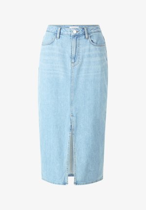 Lichtblauwe denim midi rok met een voorklep, vijf zakken, riemlussen en knoopsluiting. Heeft een vervaagde was en een klassieke jeansstructuur.