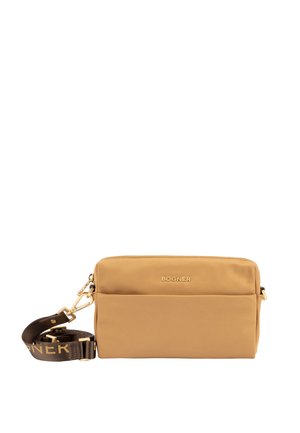 Borsa a tracolla color tan in nylon liscio con logo dorato. Presenta una chiusura con zip e una tracolla in tessuto regolabile con branding a contrasto.