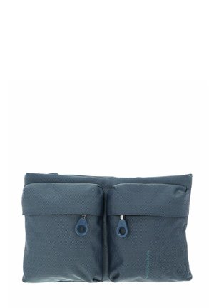 Blaues Stofftäschchen mit zwei Reißverschlussfächern; verfügt über ein strukturiertes Muster und kontrastierende Reißverschlüsse. Kompakte rechteckige Form.