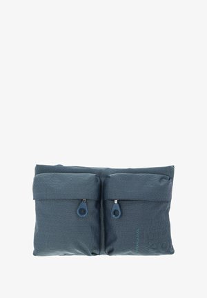 Blaues Stofftäschchen mit zwei Reißverschlussfächern; verfügt über ein strukturiertes Muster und kontrastierende Reißverschlüsse. Kompakte rechteckige Form.