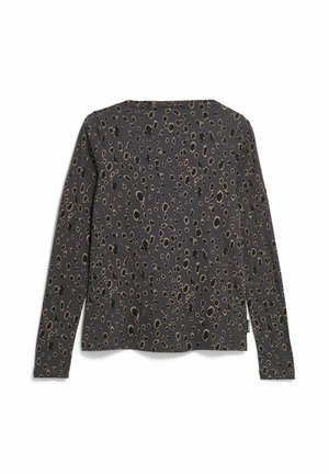 Langärmeliges Hemd mit abstraktem Leopardenmuster in Schwarz und Beige, Rundhals und geradem Saum.