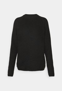 Suéter negro de punto con cuello redondo, mangas largas y un patrón texturizado. El dobladillo y los puños están terminados sin acentos adicionales.