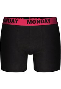 Pánské černé boxerky s růžovým elastickým pasem, na kterém je vytištěn v tučných černých písmenech nápis "PONDĚLÍ". Měkká tkanina s hladkým povrchem.